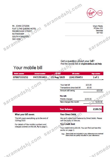 USA Virgin Media utility bill template in Word and PDF formats, version 2